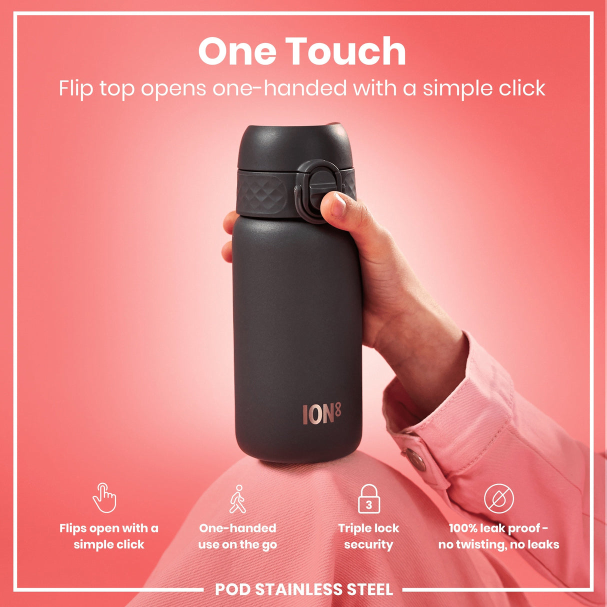 ION8 Leak Proof Water Bottle, Stainless Steel, Grey, 400ml (13oz)
