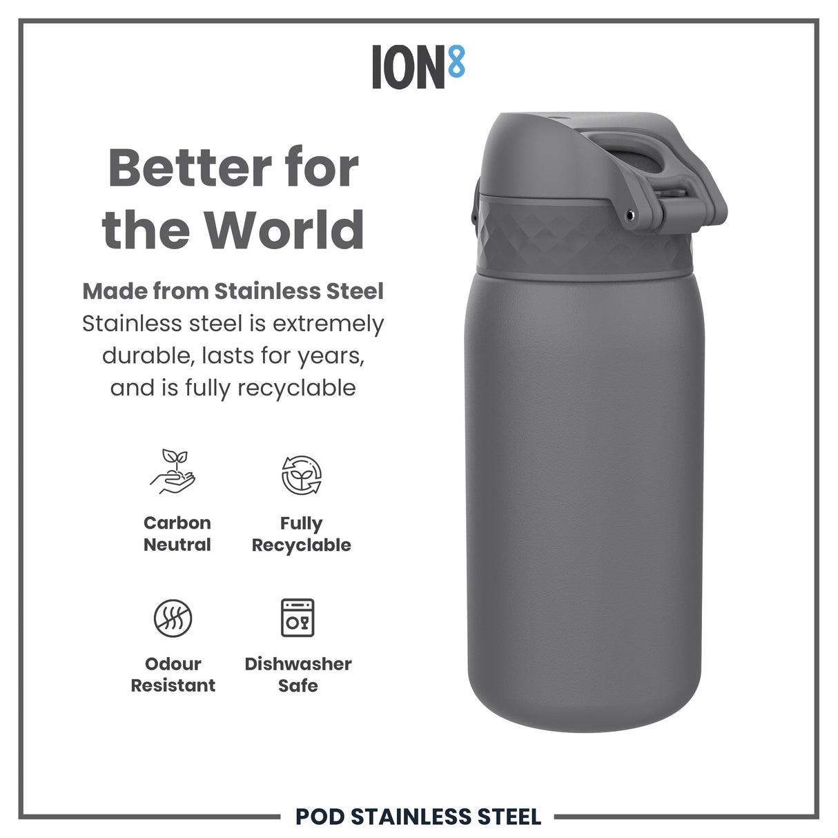 ION8 Leak Proof Water Bottle, Stainless Steel, Grey, 400ml (13oz)