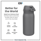 ION8 Leak Proof Water Bottle, Stainless Steel, Grey, 400ml (13oz)