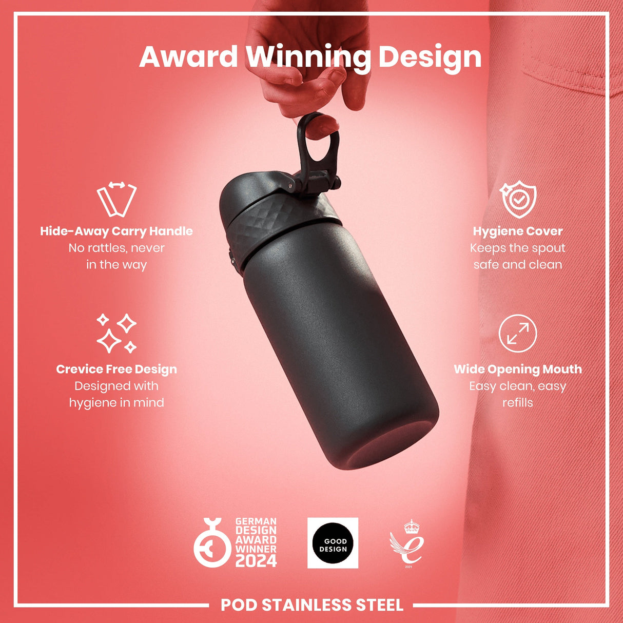 ION8 Leak Proof Water Bottle, Stainless Steel, Grey, 400ml (13oz)