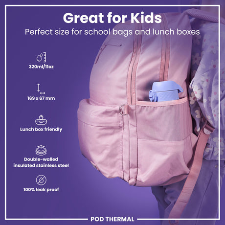 ION8 Leak Proof Thermal Steel Water Bottle, Insulated, Light Purple, 320ml (11oz)