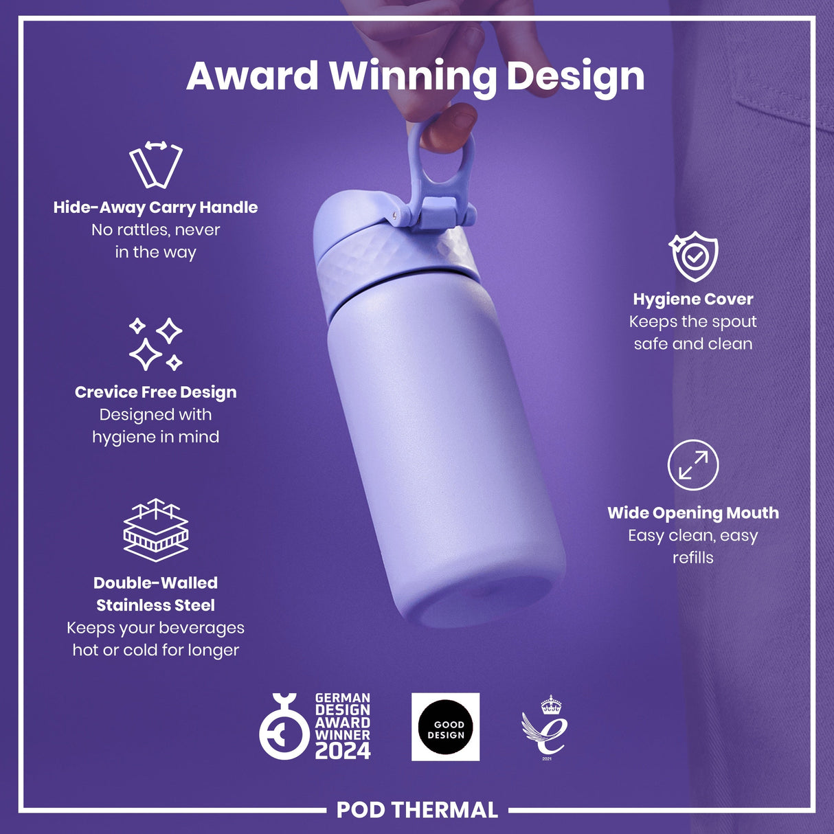 ION8 Leak Proof Thermal Steel Water Bottle, Insulated, Light Purple, 320ml (11oz)