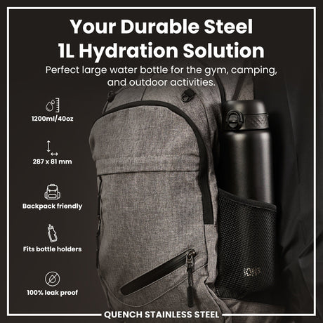 ION8 Leak Proof 1 Litre Water Bottle, Stainless Steel, Black, 1L