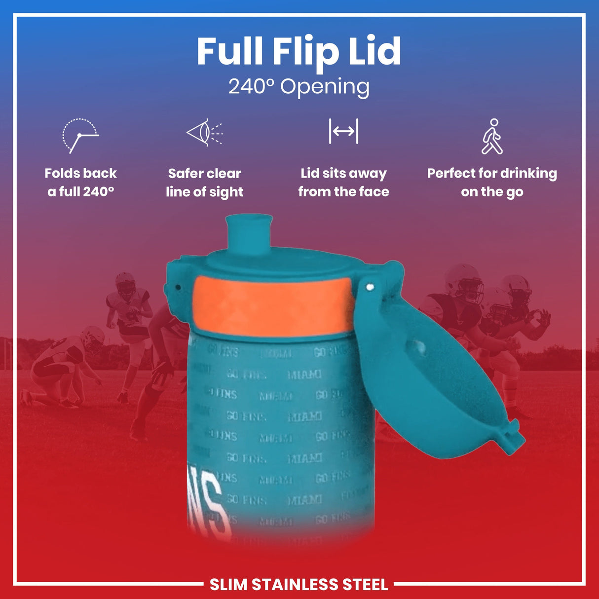 ION8 Leak Proof NFL Water Bottle, Stainless Steel, Miami Dolphins, 600ml (20oz)