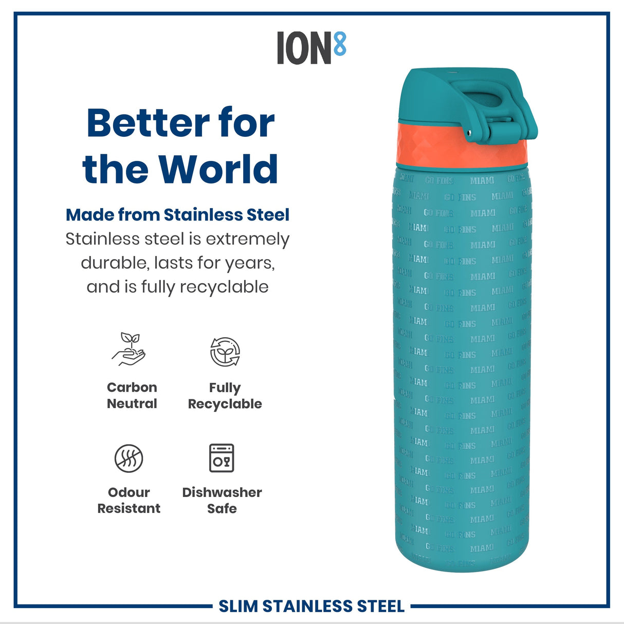 ION8 Leak Proof NFL Water Bottle, Stainless Steel, Miami Dolphins, 600ml (20oz)