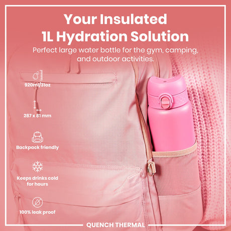 ION8 Leak Proof 1 Litre Thermal Water Bottle, Insulated, Rose Bloom, 1L