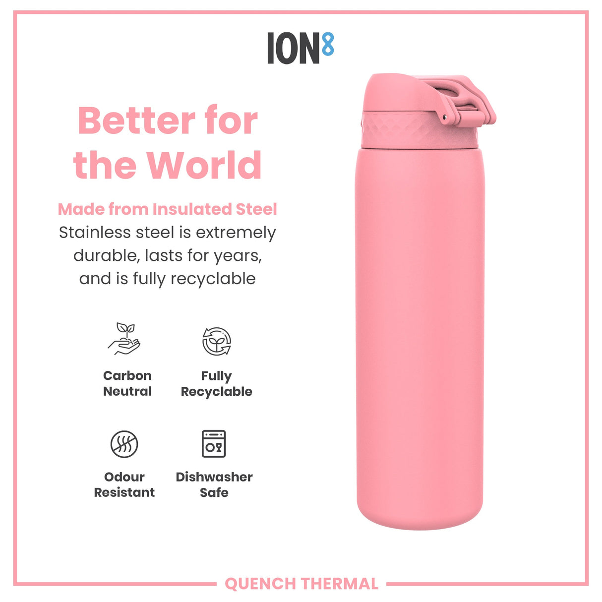 ION8 Leak Proof 1 Litre Thermal Water Bottle, Insulated, Rose Bloom, 1L