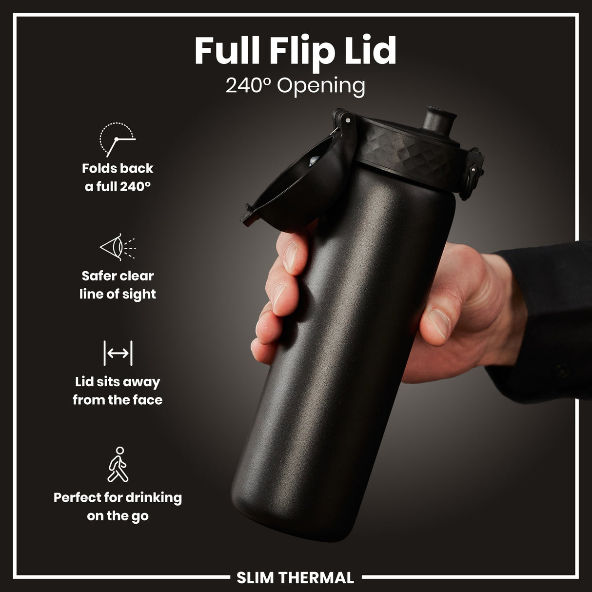 ION8 Leak Proof Slim Thermal Steel Water Bottle, Insulated, Black, 500ml (17oz)