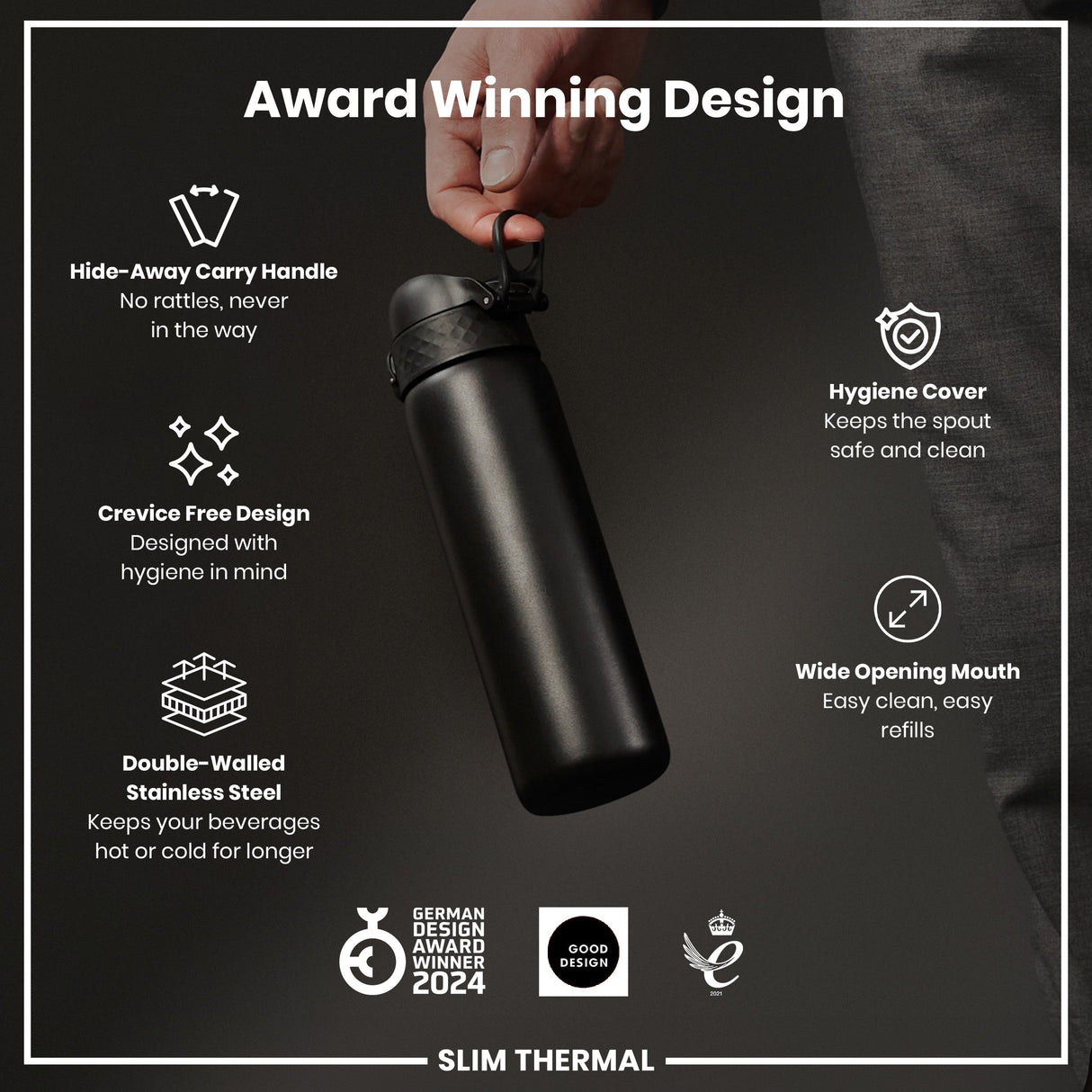 ION8 Leak Proof Slim Thermal Steel Water Bottle, Insulated, Black, 500ml (17oz)