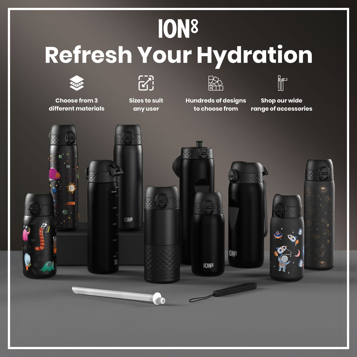 ION8 Leak Proof Slim Thermal Steel Water Bottle, Insulated, Black, 500ml (17oz)