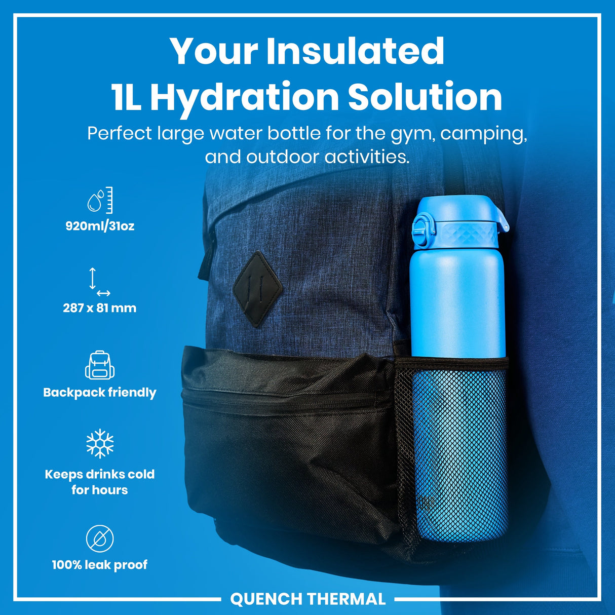 ION8 Leak Proof 1 Litre Thermal Water Bottle, Insulated, Blue