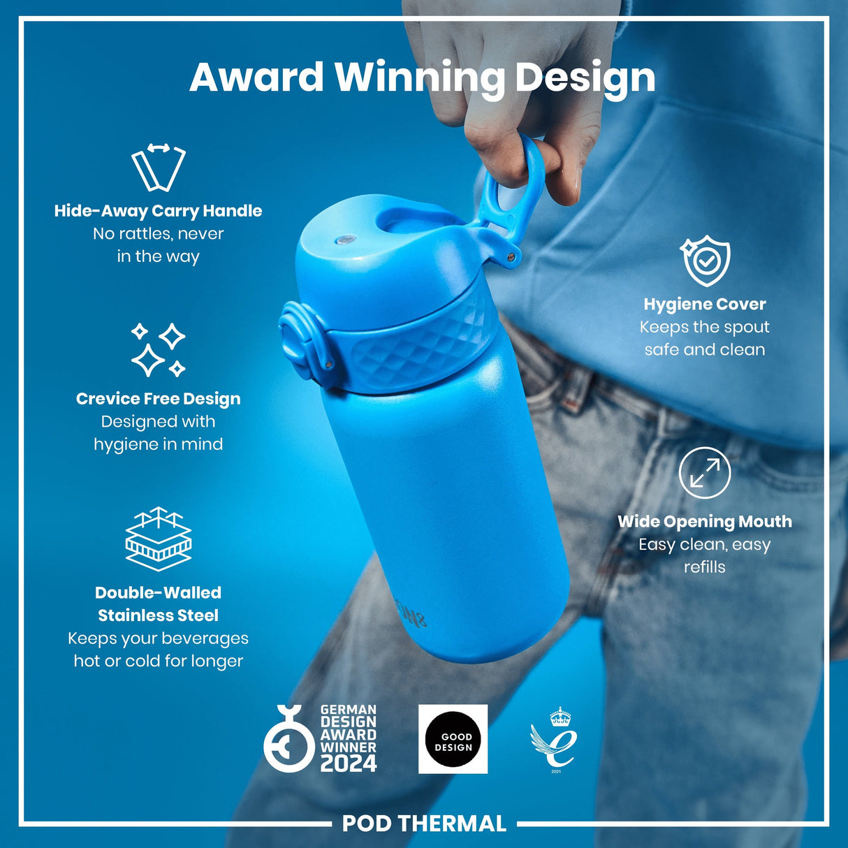 ION8 Leak Proof Thermal Steel Water Bottle, Insulated, Blue, 320ml (11oz)