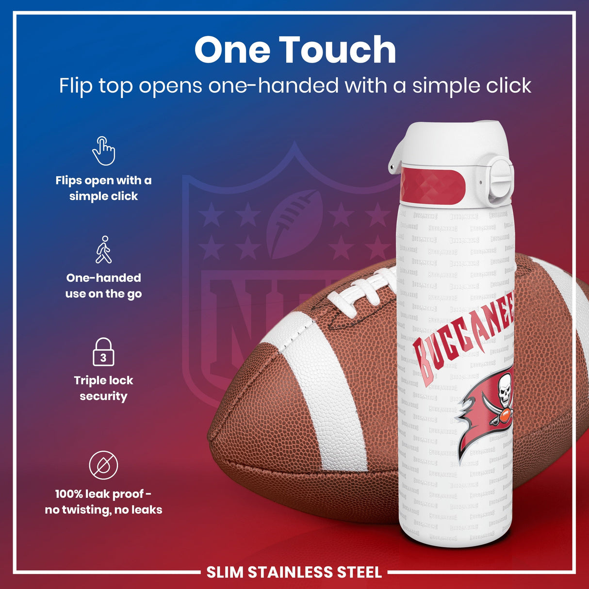 ION8 Leak Proof NFL Water Bottle, Stainless Steel, Tampa Bay Buccaneers, 600ml
