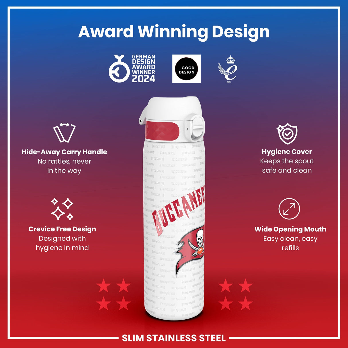 ION8 Leak Proof NFL Water Bottle, Stainless Steel, Tampa Bay Buccaneers, 600ml