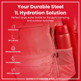 ION8 Leak Proof 1 Litre Water Bottle, Stainless Steel, Red, 1L