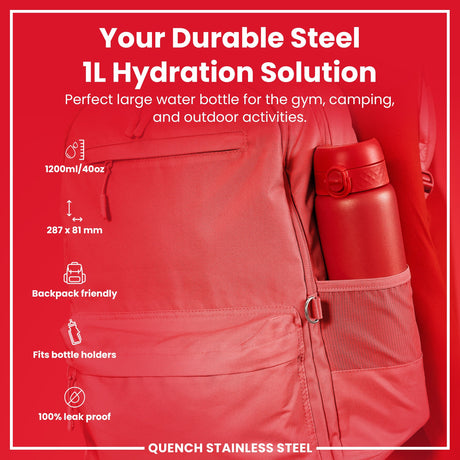 ION8 Leak Proof 1 Litre Water Bottle, Stainless Steel, Red, 1L
