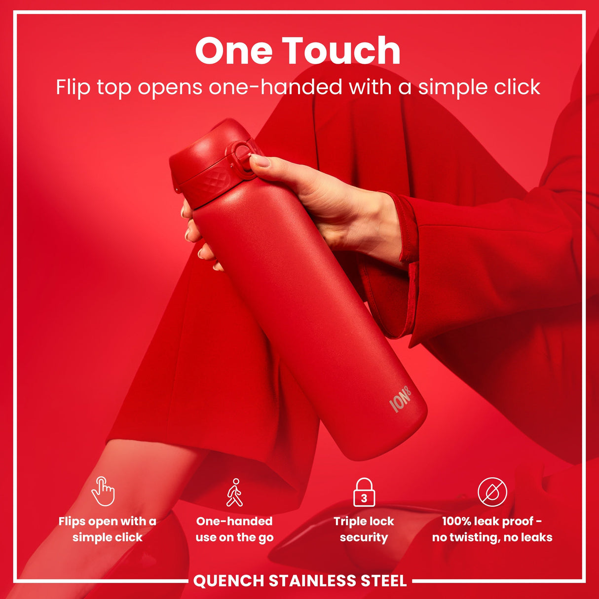 ION8 Leak Proof 1 Litre Water Bottle, Stainless Steel, Red, 1L