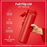 ION8 Leak Proof 1 Litre Water Bottle, Stainless Steel, Red, 1L