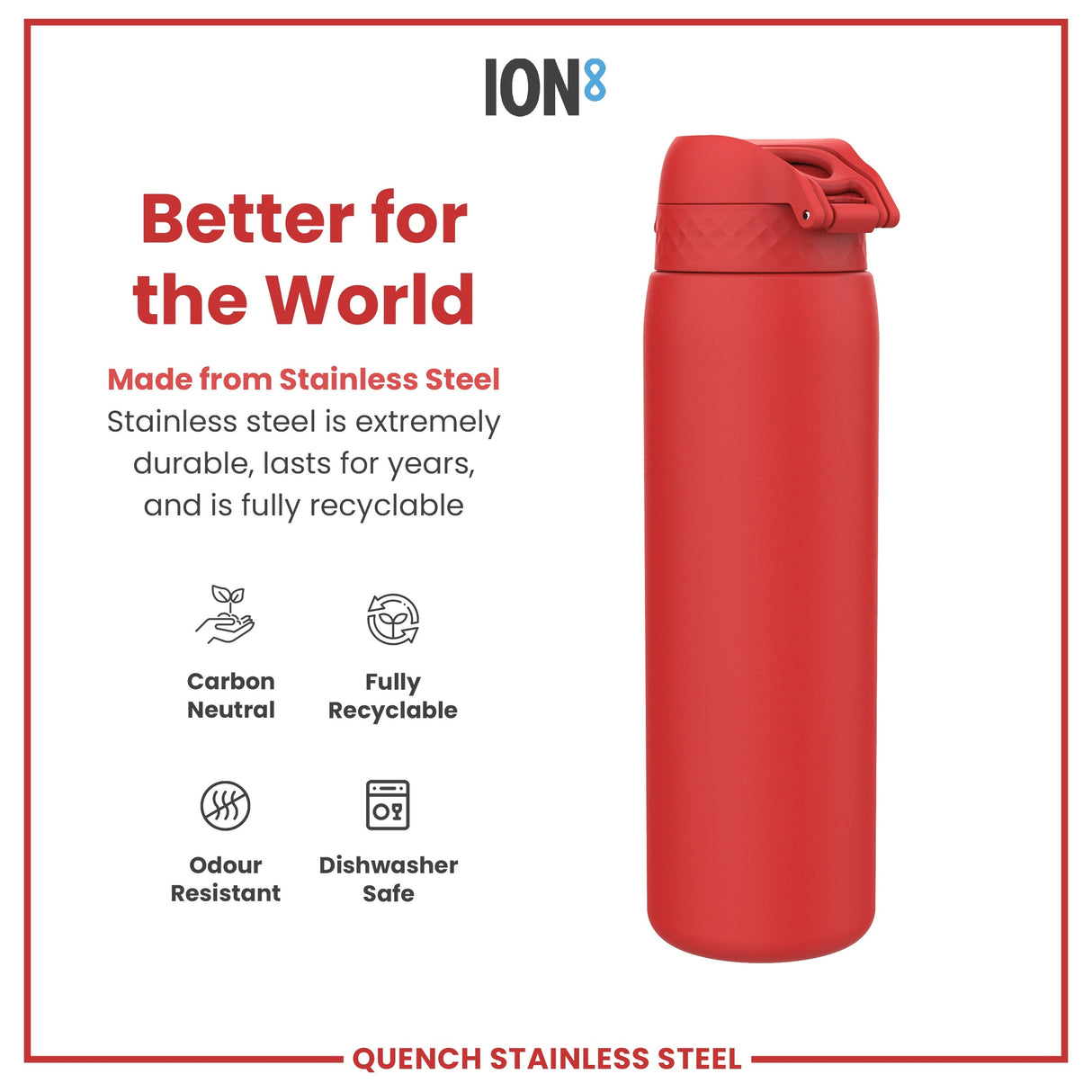 ION8 Leak Proof 1 Litre Water Bottle, Stainless Steel, Red, 1L