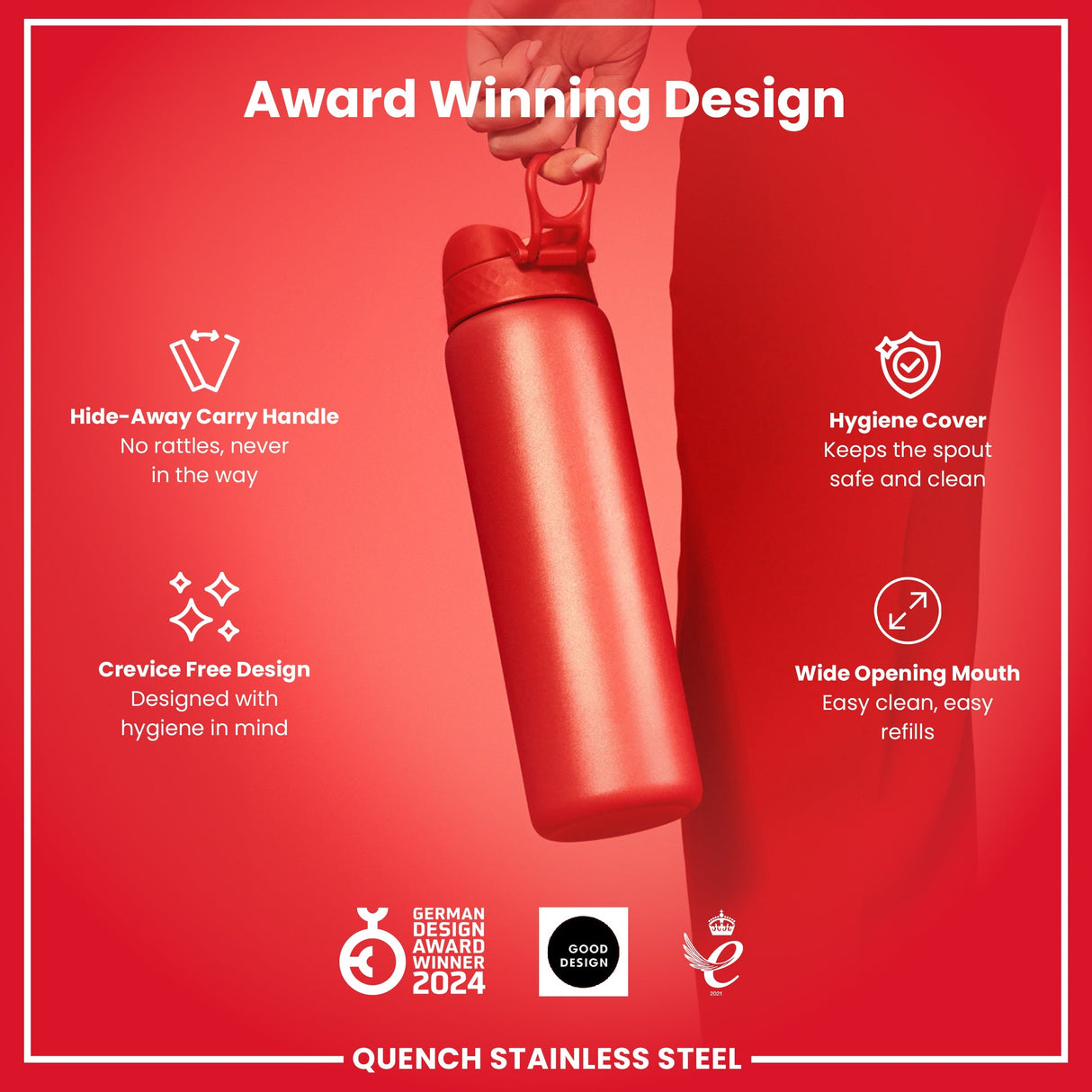 ION8 Leak Proof 1 Litre Water Bottle, Stainless Steel, Red, 1L