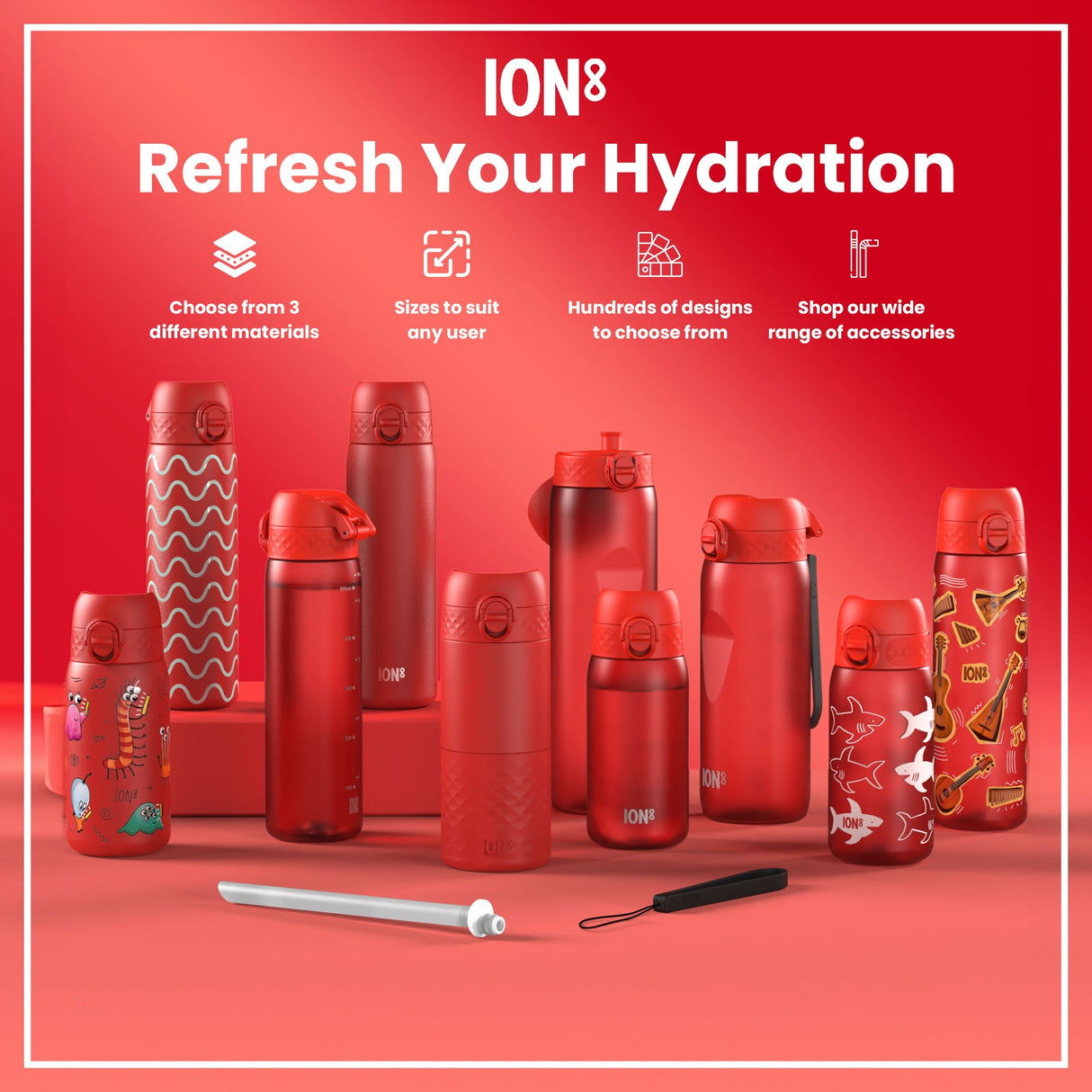 ION8 Leak Proof 1 Litre Water Bottle, Stainless Steel, Red, 1L