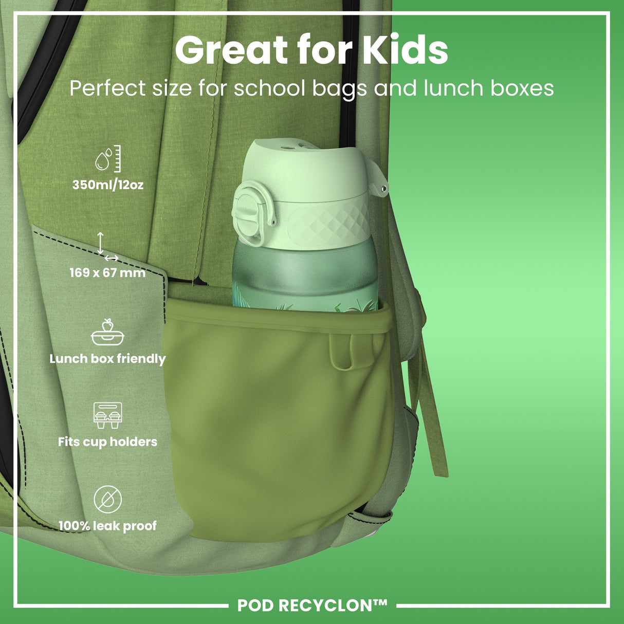 ION8 Leak Proof Kids' Water Bottle, Recyclon, Pandas, 350ml (12oz)