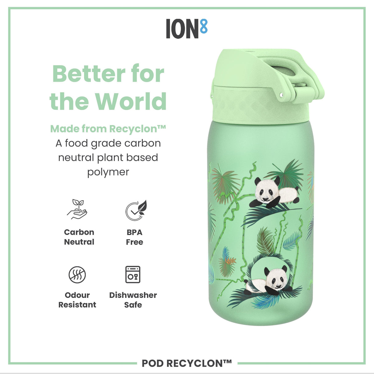 ION8 Leak Proof Kids' Water Bottle, Recyclon, Pandas, 350ml (12oz)