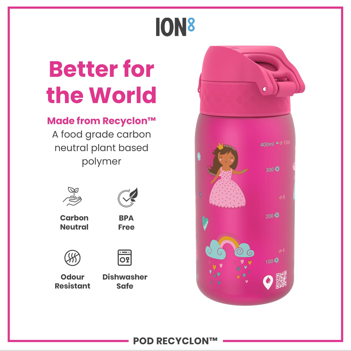 ION8 Leak Proof Kids Water Bottle, Recyclon, Princess, 350ml (12oz)
