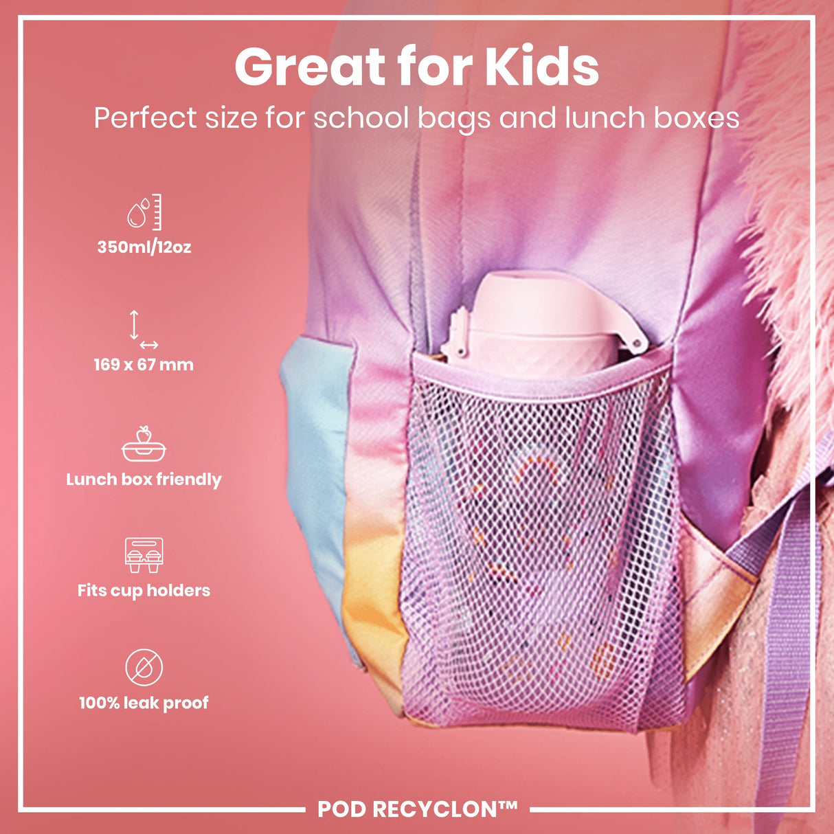 ION8 Leak Proof Kids Water Bottle, Recyclon, Unicorns, 350ml (12oz)