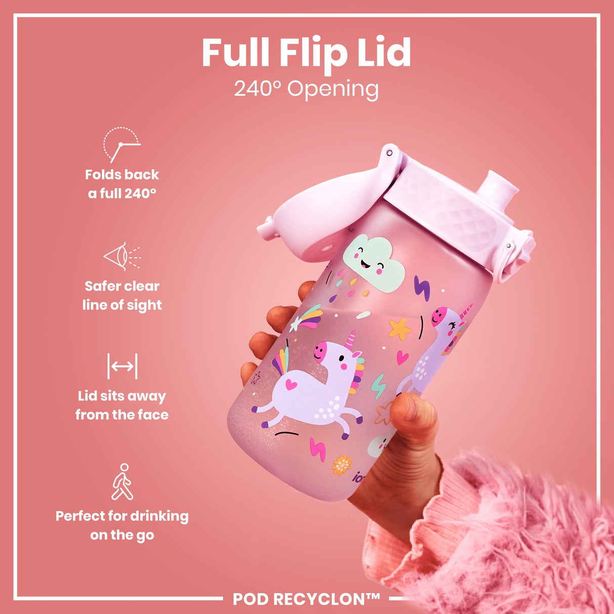 ION8 Leak Proof Kids Water Bottle, Recyclon, Unicorns, 350ml (12oz)