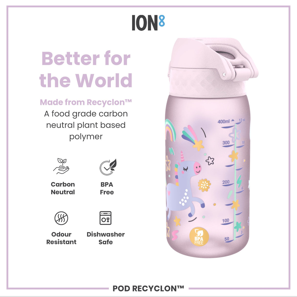 ION8 Leak Proof Kids Water Bottle, Recyclon, Unicorns, 350ml (12oz)