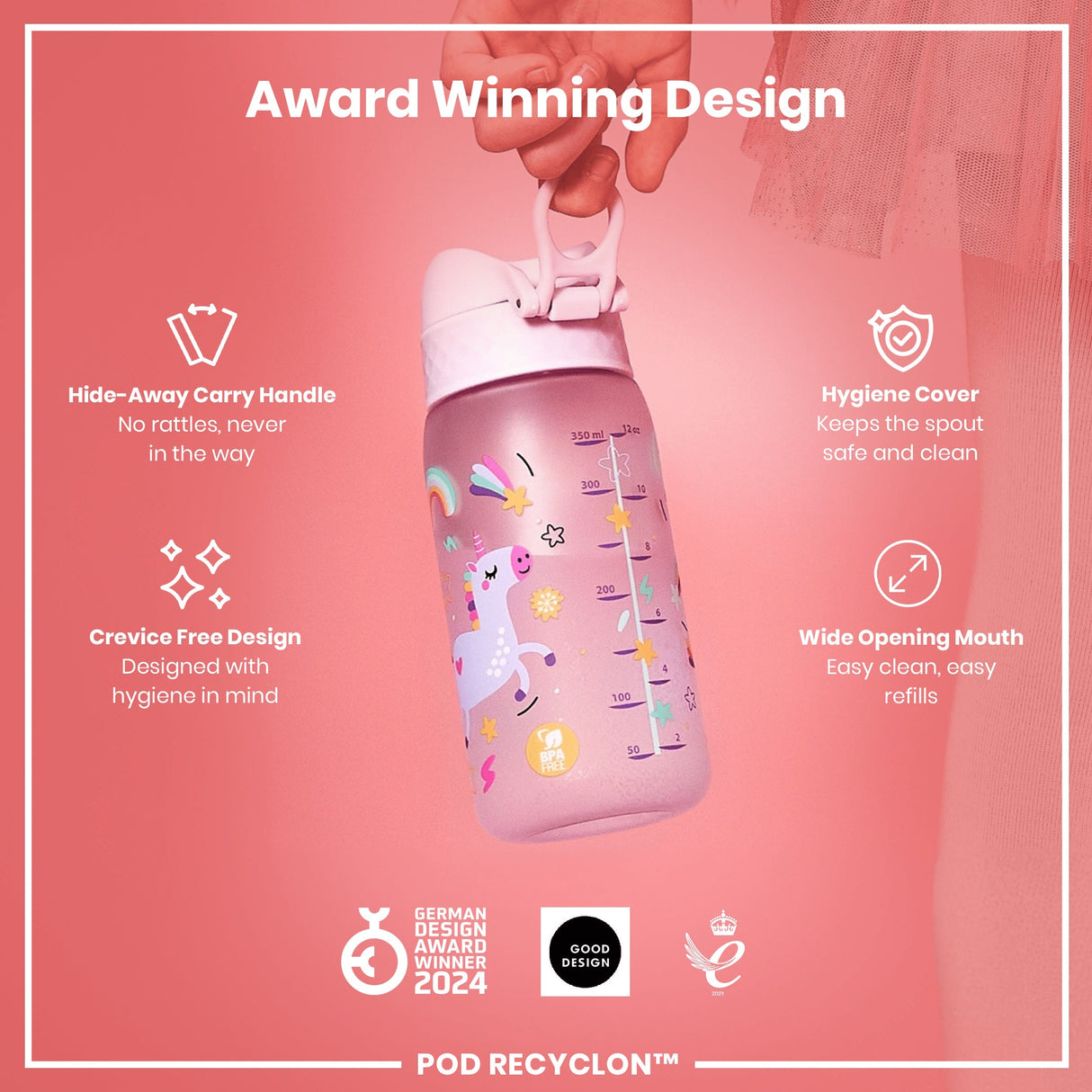 ION8 Leak Proof Kids Water Bottle, Recyclon, Unicorns, 350ml (12oz)