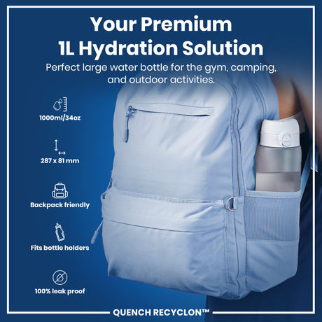 ION8 Leak Proof 1 Litre Water Bottle with Times to Drink, Recyclon, Ice, 1L