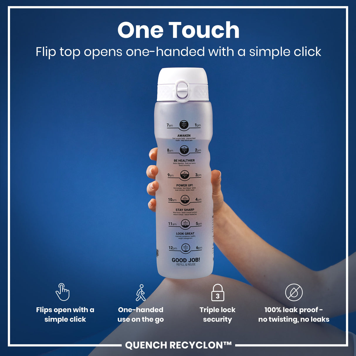 ION8 Leak Proof 1 Litre Water Bottle with Times to Drink, Recyclon, Ice, 1L