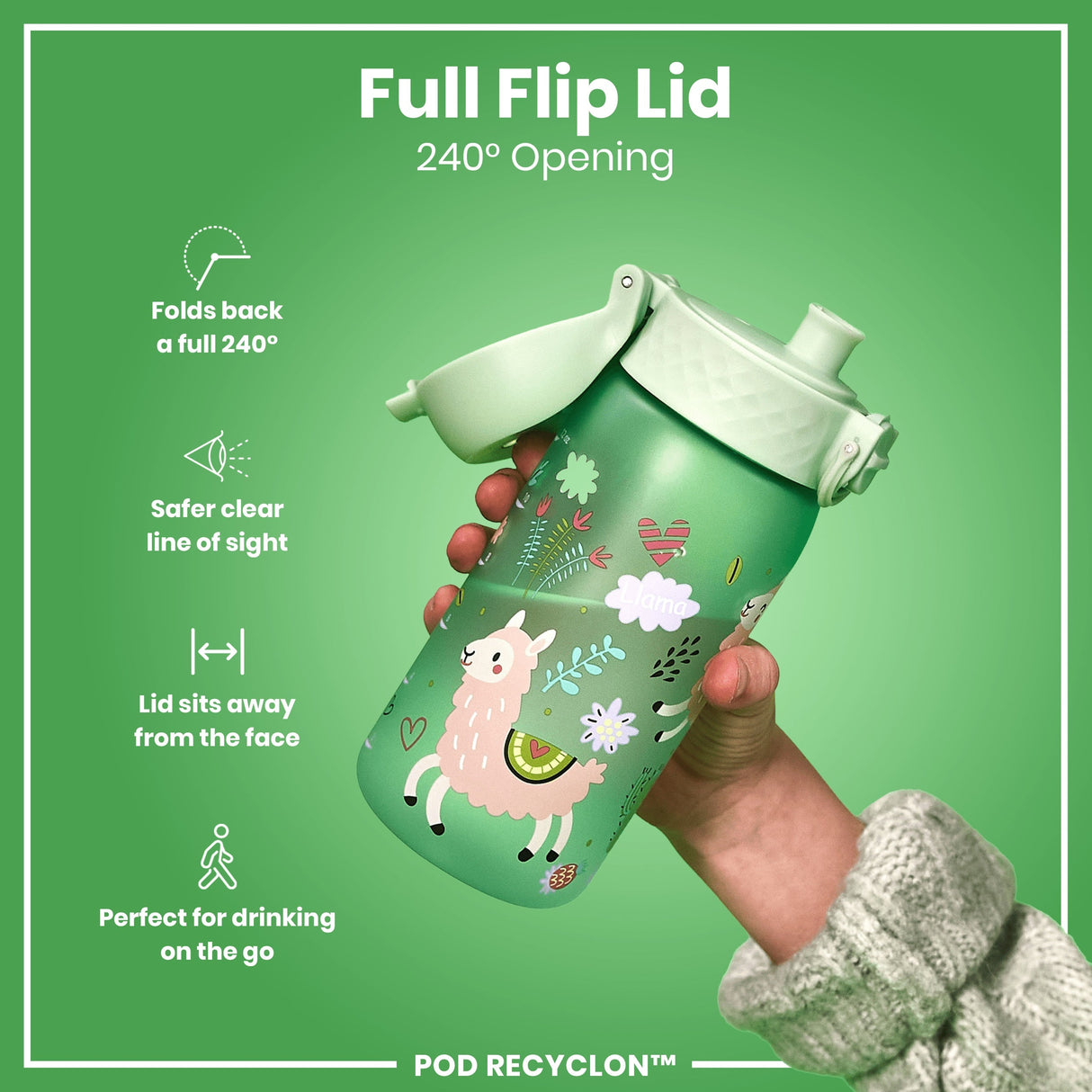 ION8 Leak Proof Kids Water Bottle, Recyclon, Llamas, 350ml (12oz)