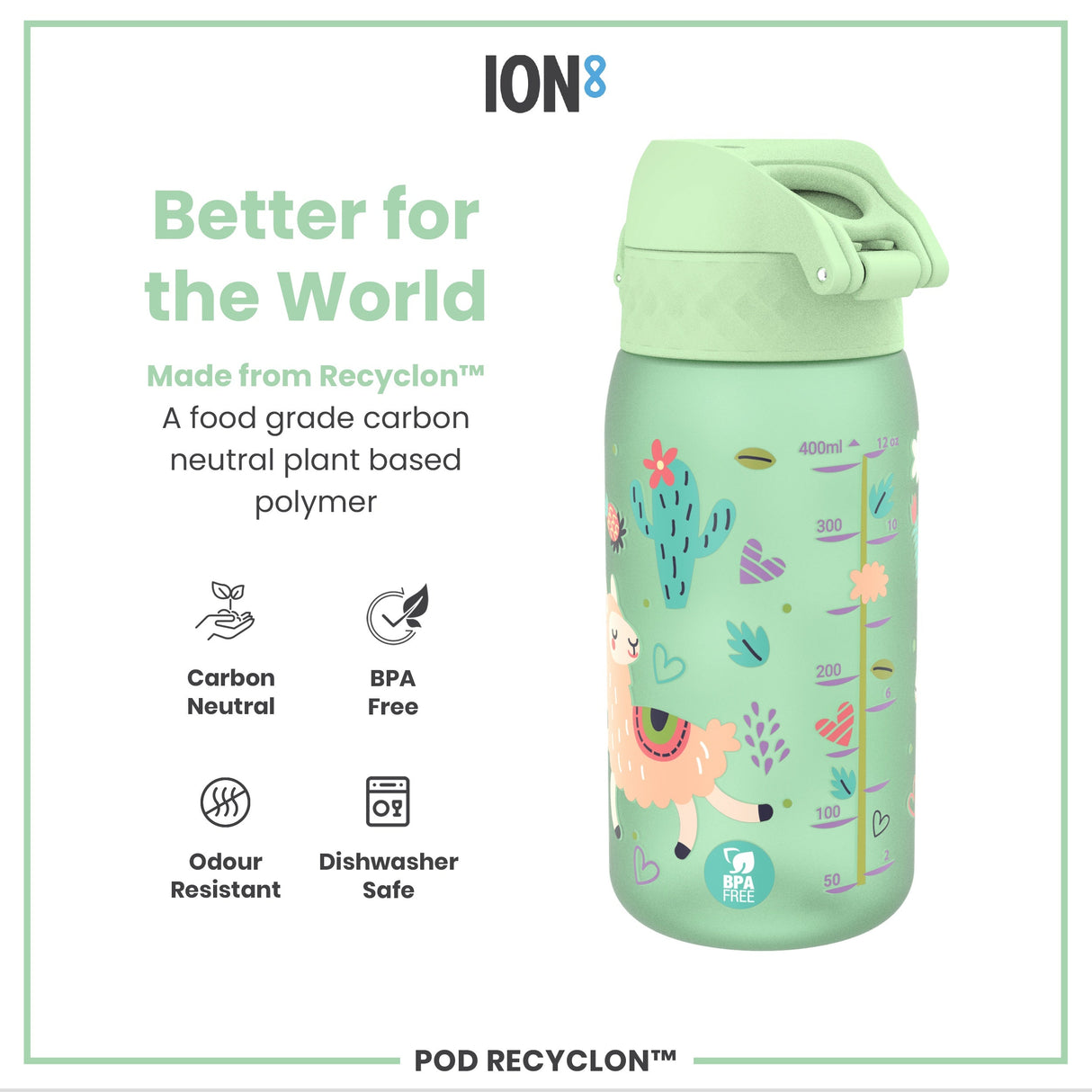 ION8 Leak Proof Kids Water Bottle, Recyclon, Llamas, 350ml (12oz)