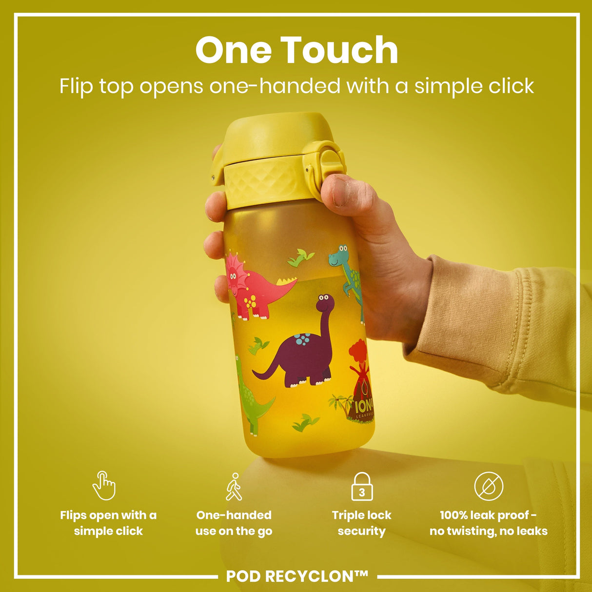 ION8 Leak Proof Kids Water Bottle, Recyclon, Dinosaur, 350ml (12oz)