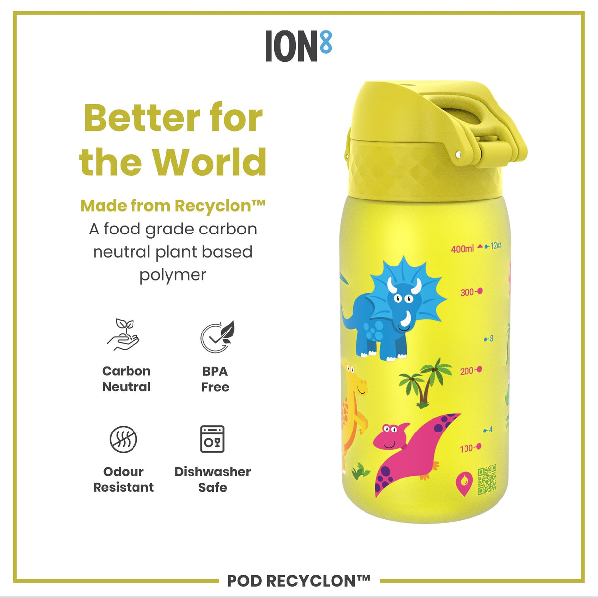 ION8 Leak Proof Kids Water Bottle, Recyclon, Dinosaur, 350ml (12oz)