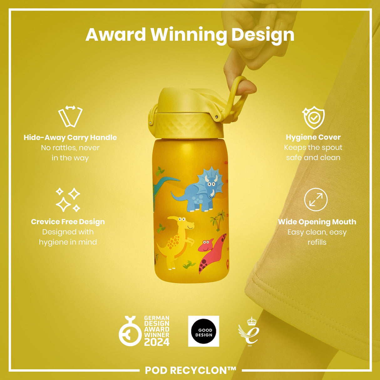 ION8 Leak Proof Kids Water Bottle, Recyclon, Dinosaur, 350ml (12oz)