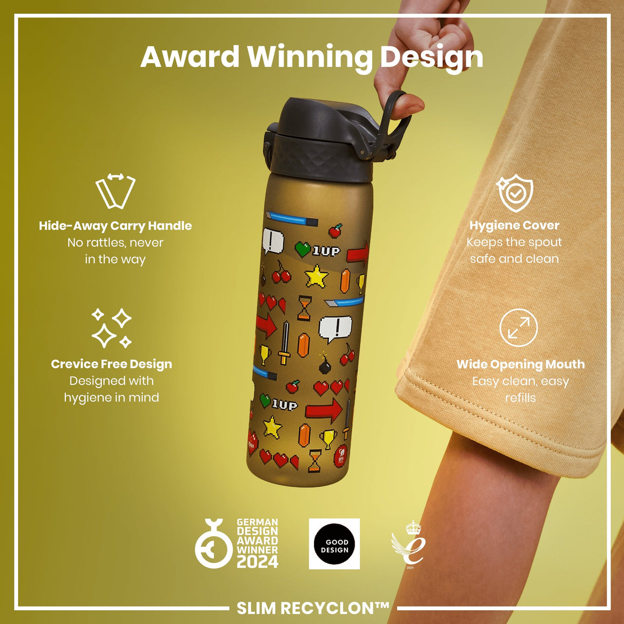 ION8 Leak Proof Slim Water Bottle, Recyclon, Gamer, 500ml (18oz)