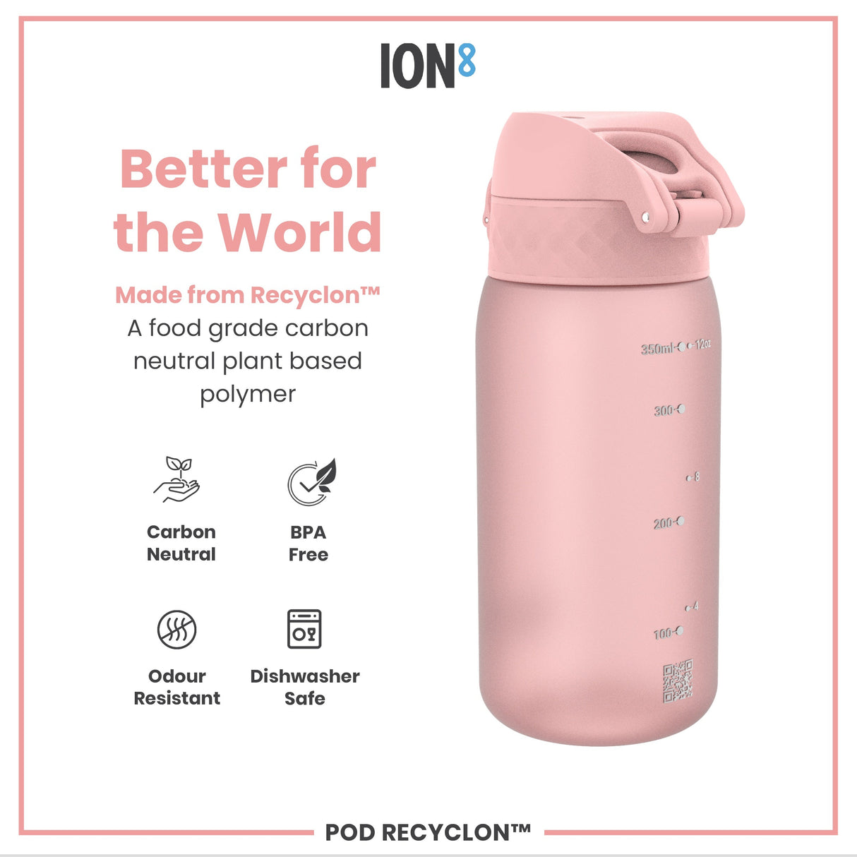 ION8 Leak Proof Kids Water Bottle, Recyclon, Rose Quartz, 350ml (12oz)