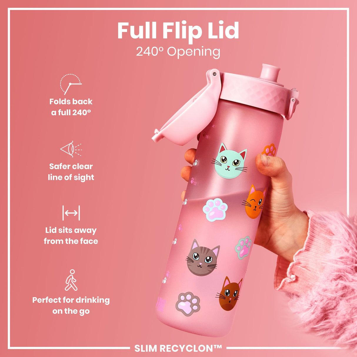 ION8 Leak Proof Slim Water Bottle, Recyclon, Cats, 500ml (18oz)
