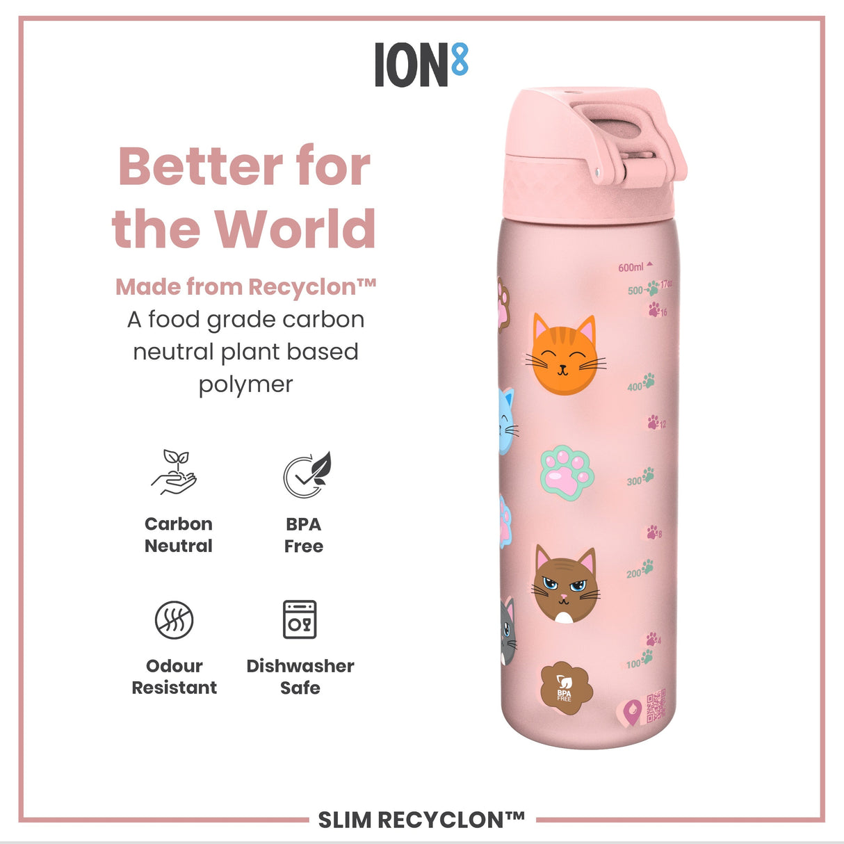 ION8 Leak Proof Slim Water Bottle, Recyclon, Cats, 500ml (18oz)