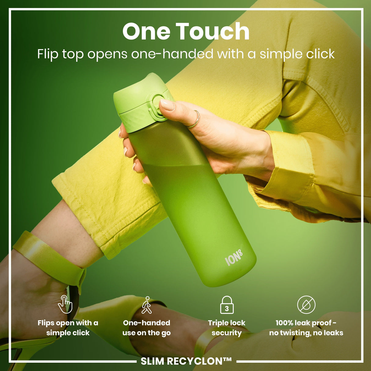 ION8 Leak Proof Slim Water Bottle, Recyclon, Green, 500ml (18oz)