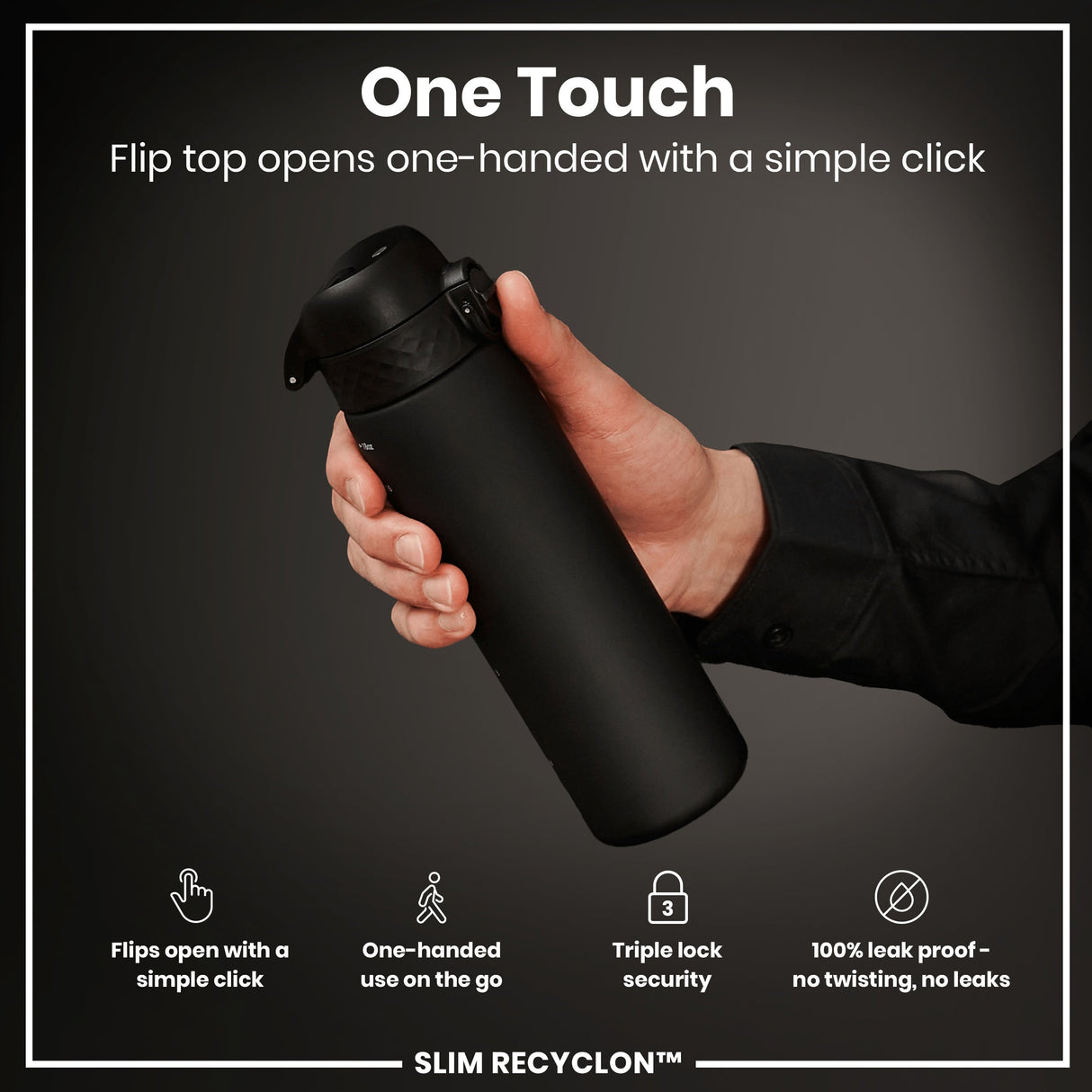 ION8 Leak Proof Slim Water Bottle, Recyclon, Black, 500ml (18oz)