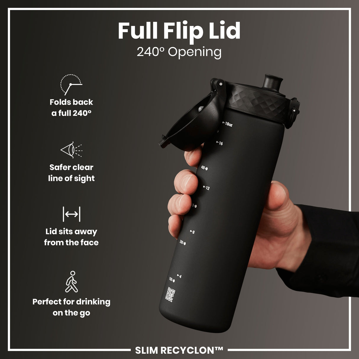 ION8 Leak Proof Slim Water Bottle, Recyclon, Black, 500ml (18oz)
