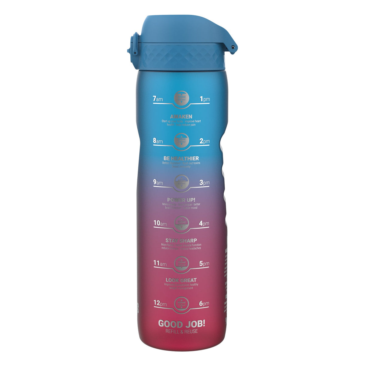 ION8 Leak Proof 1 Litre Water Bottle with Times to Drink, Recyclon, Blue & Pink, 1L