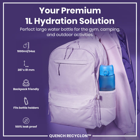 ION8 Leak Proof 1 Litre Water Bottle with Times to Drink, Recyclon, Blue & Pink, 1L