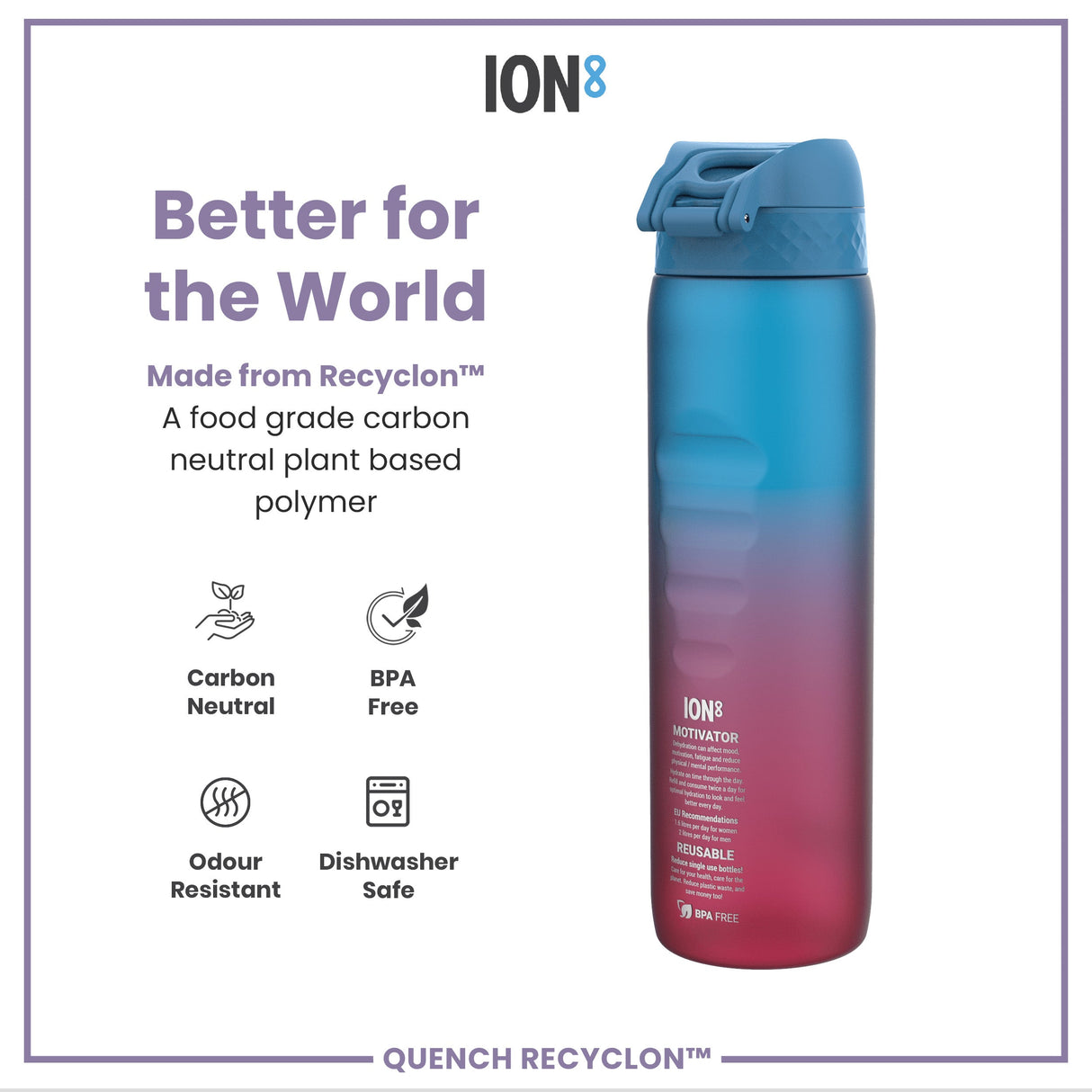 ION8 Leak Proof 1 Litre Water Bottle with Times to Drink, Recyclon, Blue & Pink, 1L