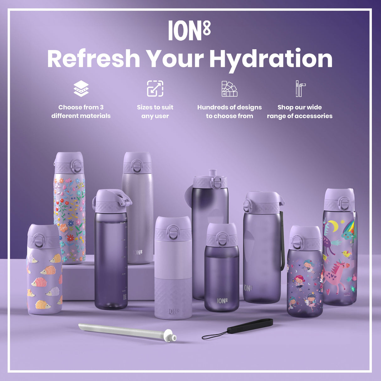 ION8 Leak Proof 1 Litre Water Bottle with Times to Drink, Recyclon, Blue & Pink, 1L